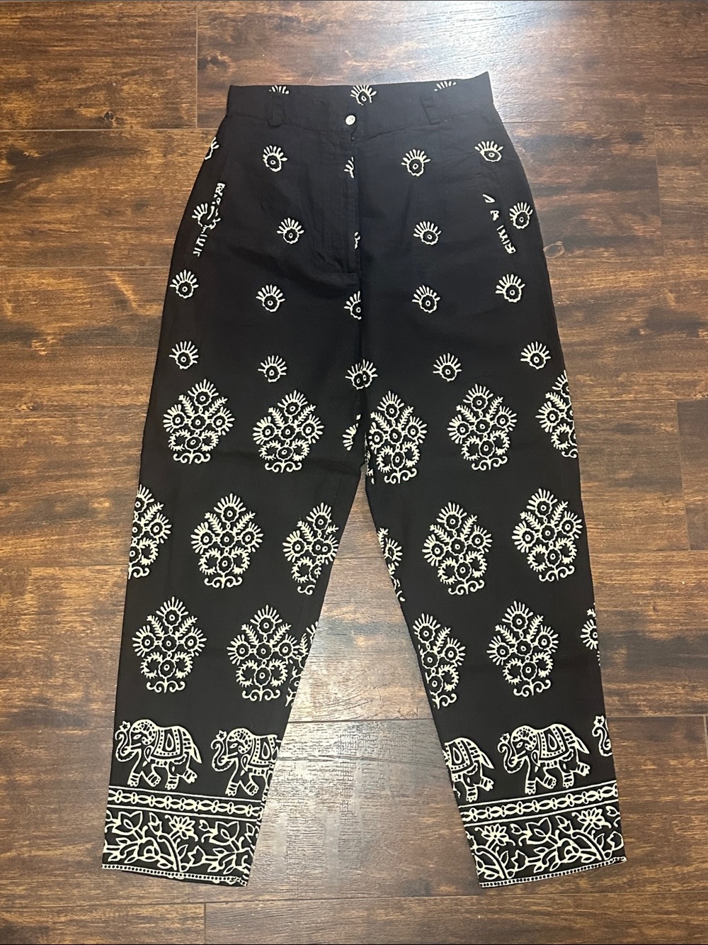 🐘✨ Boho Chic Black Cotton Elephant Pants Sz L Nid d’Abeille 🌿